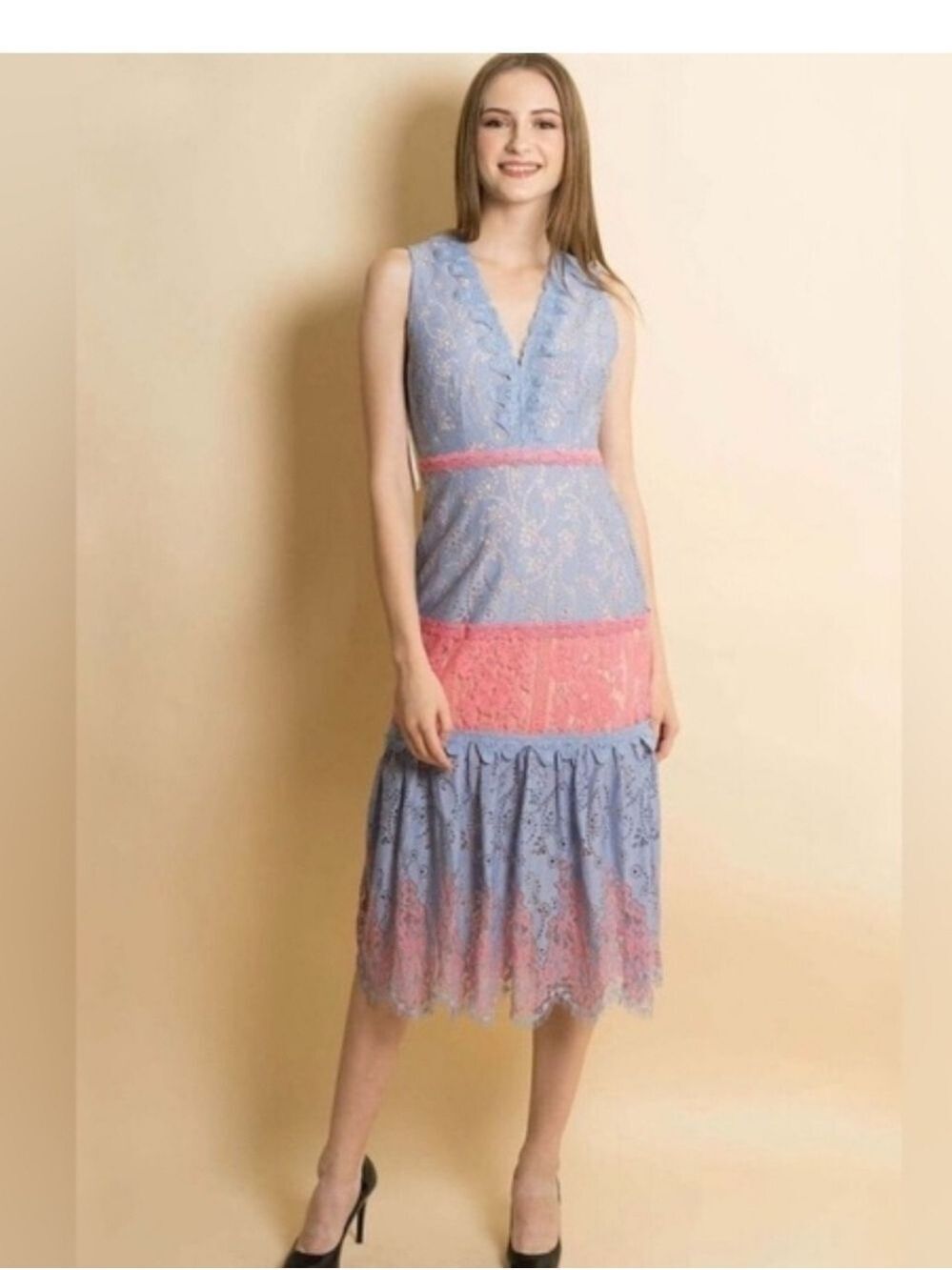 foxiedox Fifi Blue and Pink Lace Colorblock Midi Dress